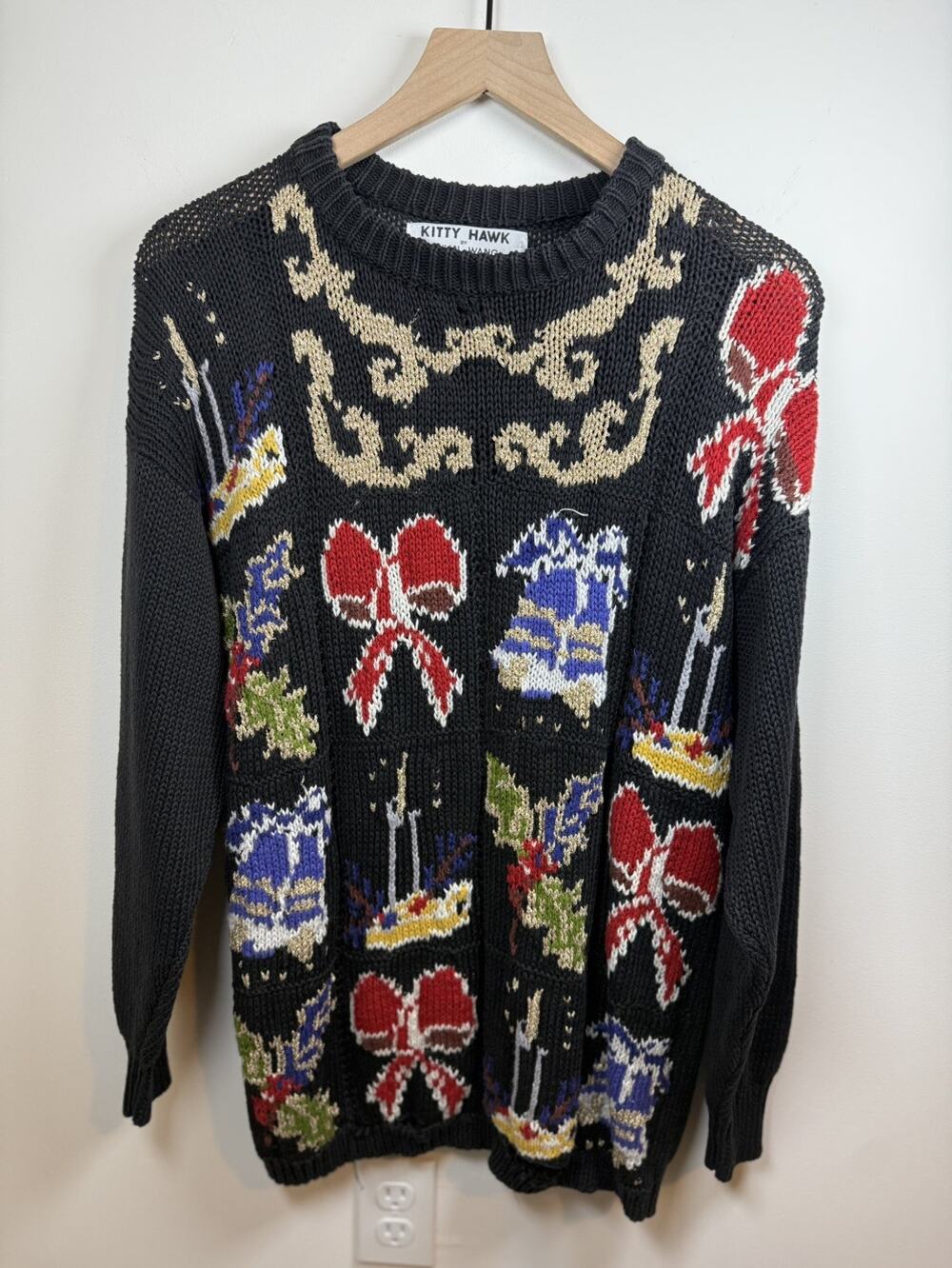 Y2K Kitty Hawk Vivian Wang Colorful Christmas Sweater L Has Hole Boho Vintage